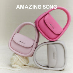 Amazing Song handbags in pink, rose, and white on soft beige background, official branding