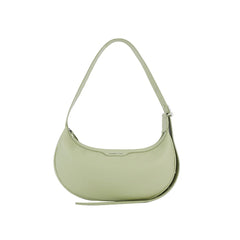 Light green crescent shoulder bag with textured leather on white background, Amazing Song