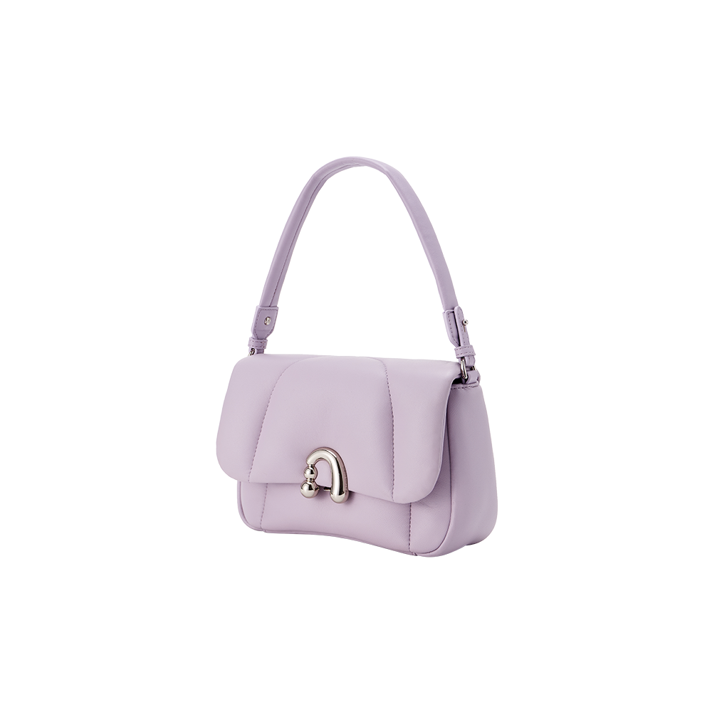 Light purple leather handbag with top handle and silver clasp on white background