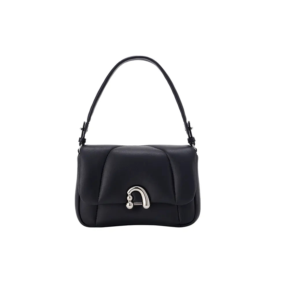Black leather handbag with silver clasp on white background, Amazing Song fashion accessory