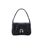 Black leather handbag with silver clasp on white background, Amazing Song fashion accessory