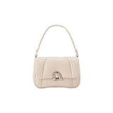 Cream shoulder bag with silver buckle, Amazing Song designer accessory on white background
