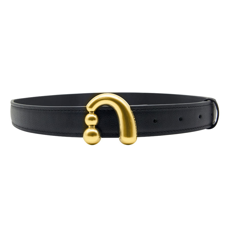 Black leather belt with unique gold buckle, product image for Amazing Song official website