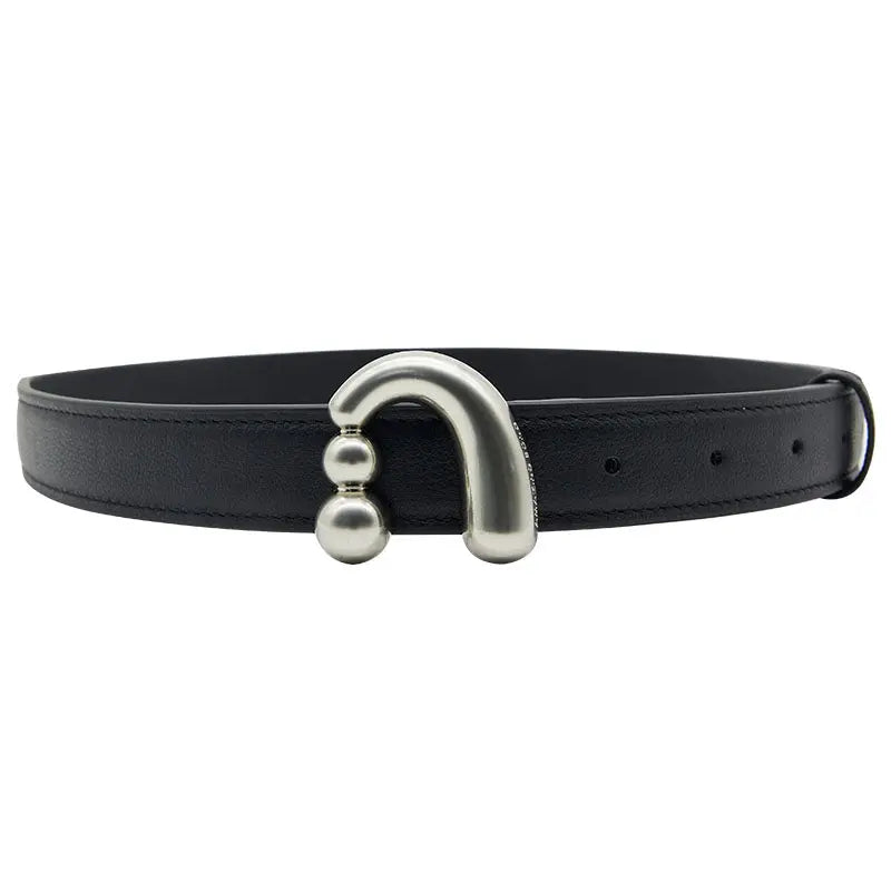 Black leather belt with unique silver curved buckle, Amazing Song fashion accessory