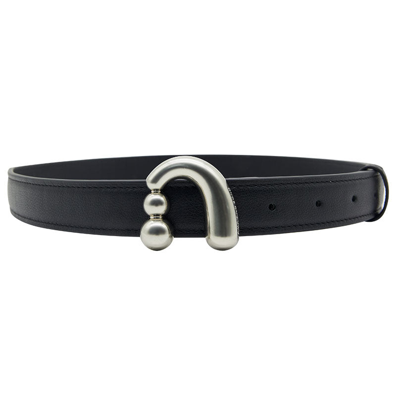 Black leather belt with unique silver curved buckle, Amazing Song fashion accessory
