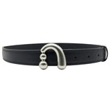 Black leather belt with unique silver curved buckle, Amazing Song fashion accessory