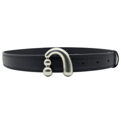 Black leather belt with unique silver curved buckle, Amazing Song fashion accessory