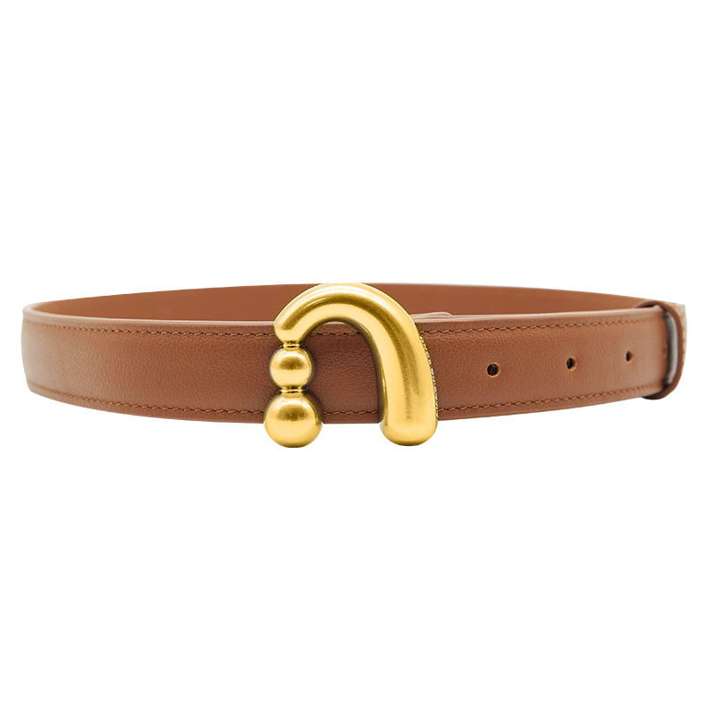 Brown leather belt with unique gold curved buckle, Amazing Song accessories