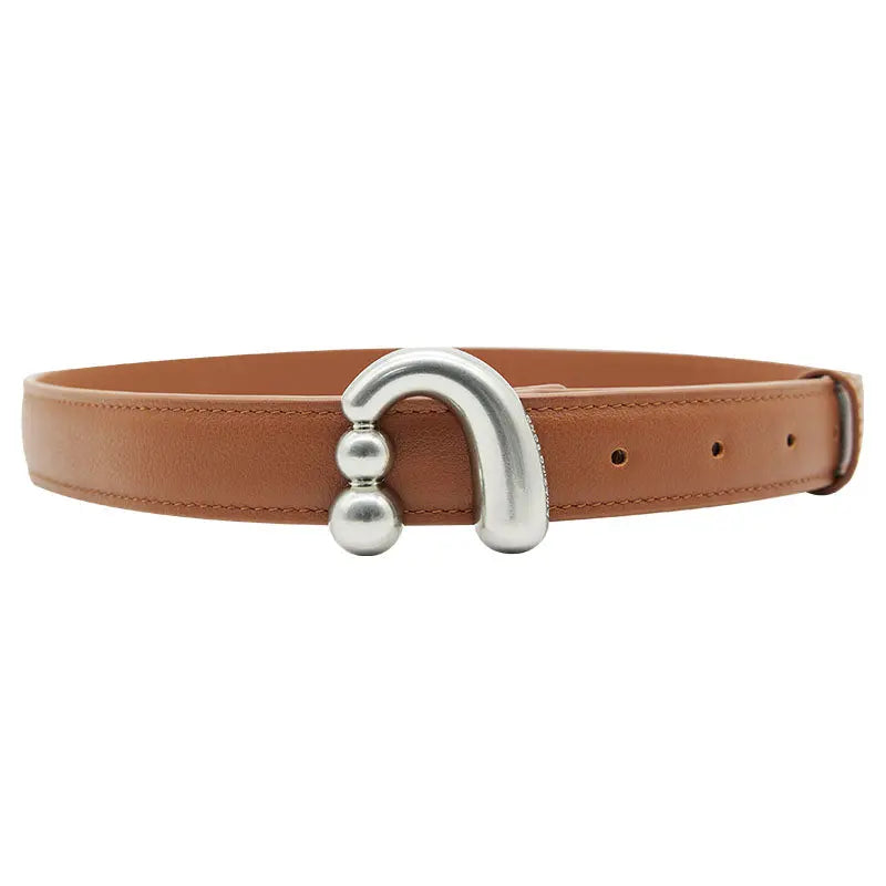 Brown leather belt with unique silver curved buckle, Amazing Song accessory