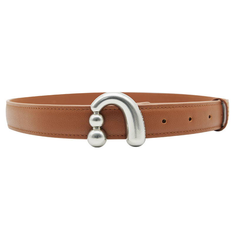 Brown leather belt with unique silver curved buckle, Amazing Song accessory