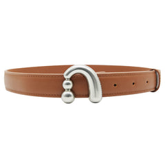 Brown leather belt with unique silver curved buckle, Amazing Song accessory