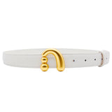 White leather belt with unique gold metallic buckle, product from Amazing Song official website