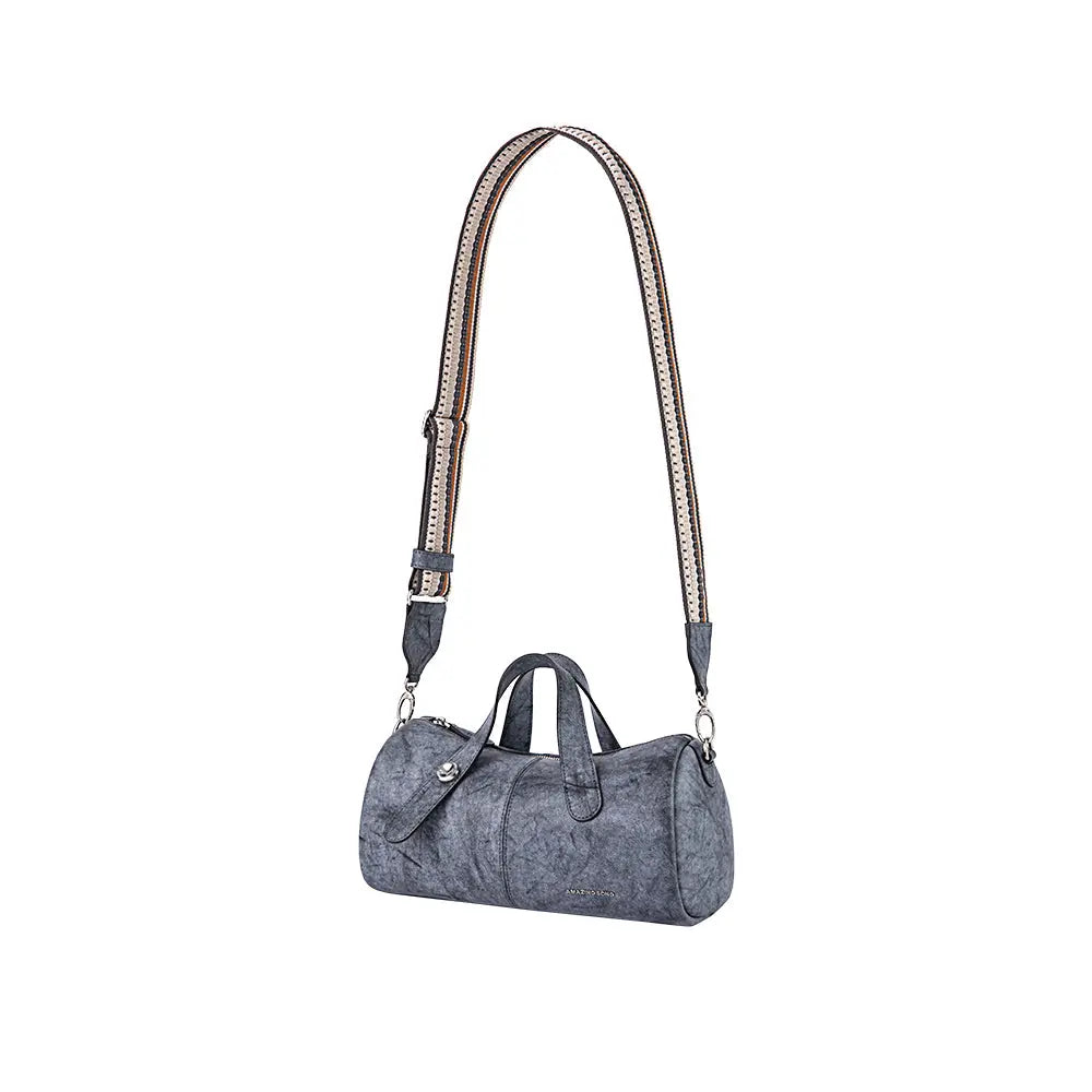Stylish gray duffel bag with adjustable strap, featured on Amazing Song official website.