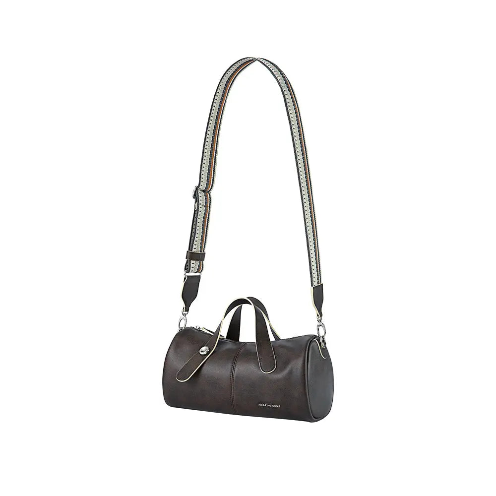 Amazing Song dark brown leather duffle bag with striped adjustable shoulder strap