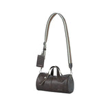 Amazing Song brown leather duffel bag with striped shoulder strap and logo tag