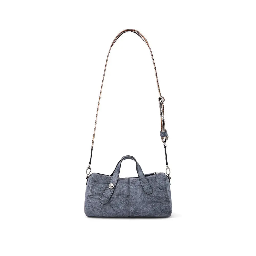 Gray textured handbag with long strap and button detail, Amazing Song official website