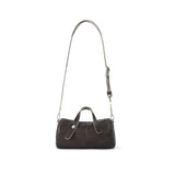 Dark brown leather shoulder bag with chain strap on white background, Amazing Song