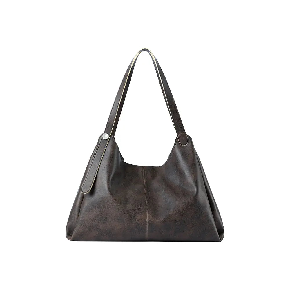 Dark brown leather shoulder bag with wide strap, displayed on white background