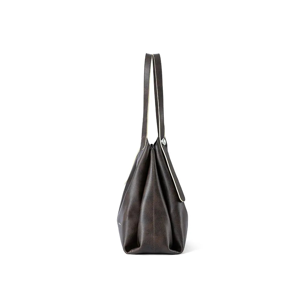 Dark brown leather tote bag side view, Amazing Song official website product image