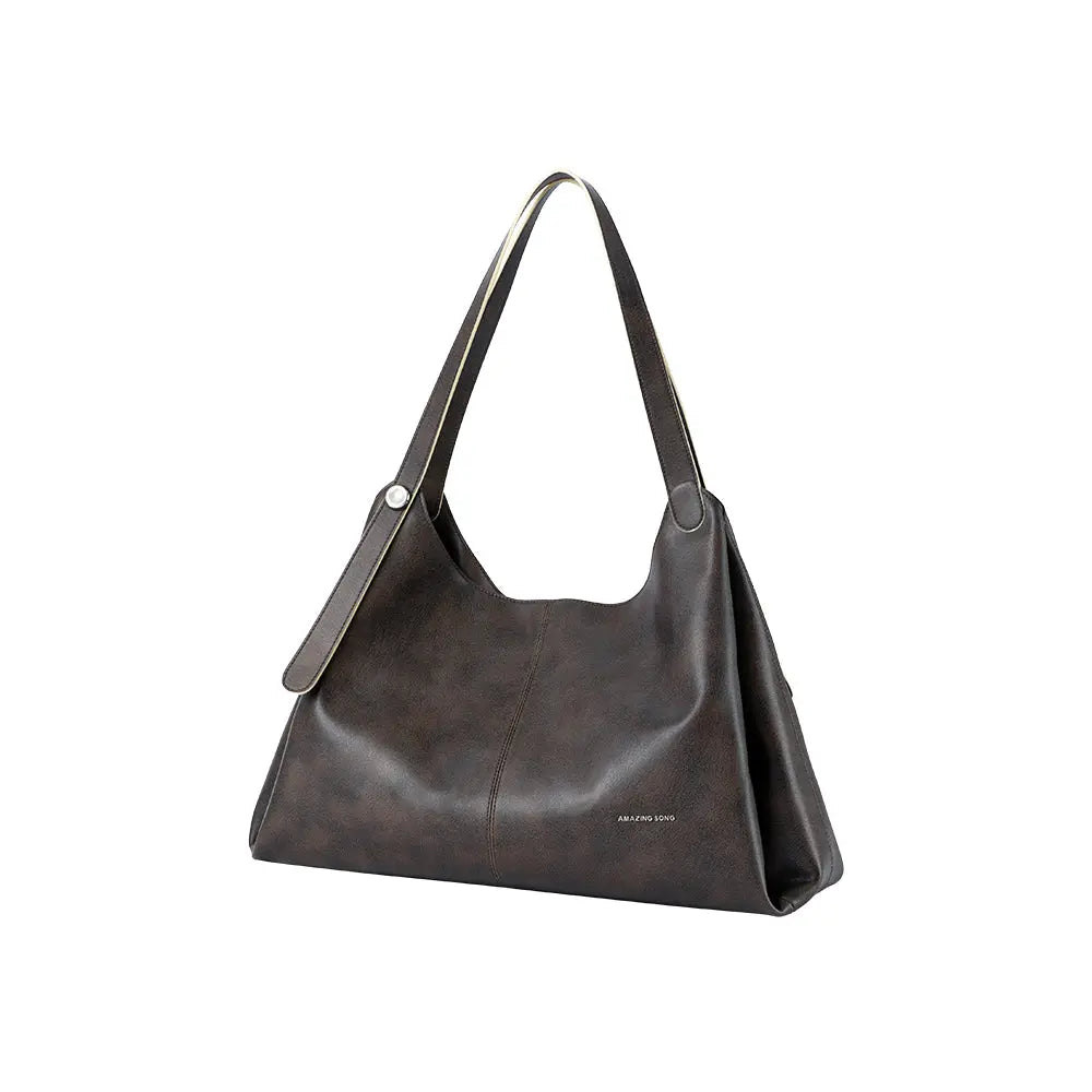 Amazing Song dark brown leather shoulder bag with single strap on white background