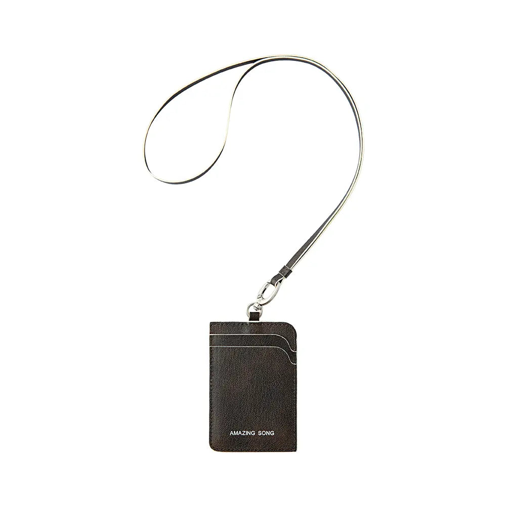 Amazing Song dark brown leather card holder with neck strap on white background