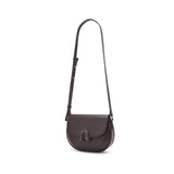 Dark brown leather crossbody bag with adjustable strap and metal clasp on white background