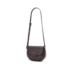 Dark brown leather crossbody bag with adjustable strap and metal clasp on white background