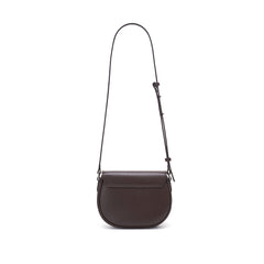 Minimalist dark brown leather crossbody bag on white background, Amazing Song fashion accessory
