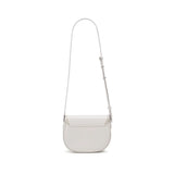 Minimalist white leather crossbody bag with adjustable strap on white background