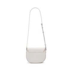 Minimalist white leather crossbody bag with adjustable strap on white background