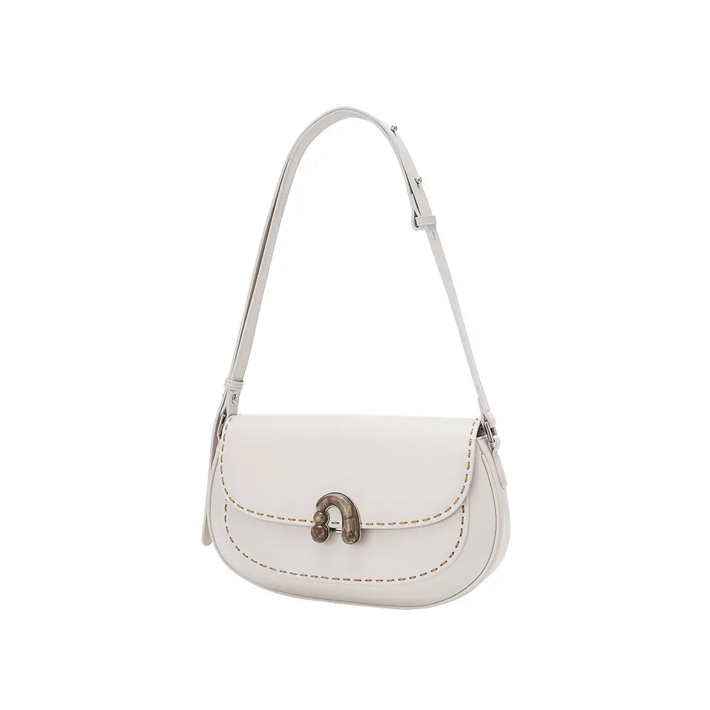 White leather shoulder bag with metal clasp and contrast stitching, Amazing Song official site