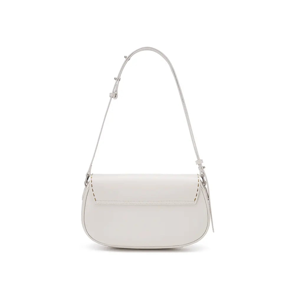 Minimalist white shoulder bag with adjustable strap, displayed on Amazing Song official website