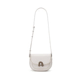 White leather shoulder bag with metal clasp and contrast stitching on white background