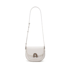 White leather shoulder bag with metal clasp and contrast stitching on white background