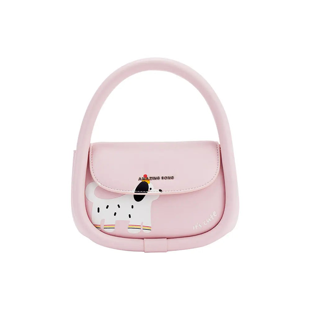 Amazing Song pink handbag with dog illustration and 'it’s cute' text on front