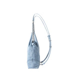 Light blue denim handbag with chain strap side view on white background, Amazing Song