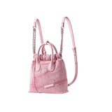 Pink denim backpack purse with leather straps and chain details, Amazing Song collection