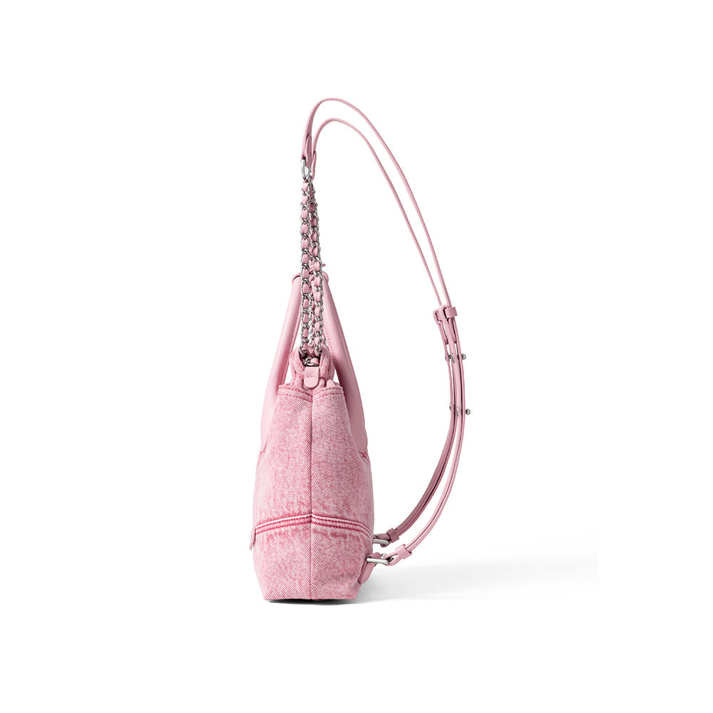 Side view of a pink shoulder bag with chain strap, showcased on Amazing Song official website