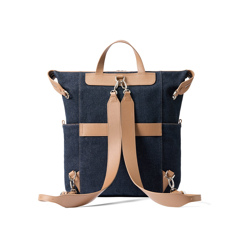 Dark blue denim backpack with tan leather straps, Amazing Song official store