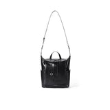 Sleek black leather backpack with long strap, front drawstring, and side pockets on white background