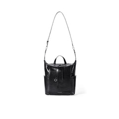 Sleek black leather backpack with long strap, front drawstring, and side pockets on white background