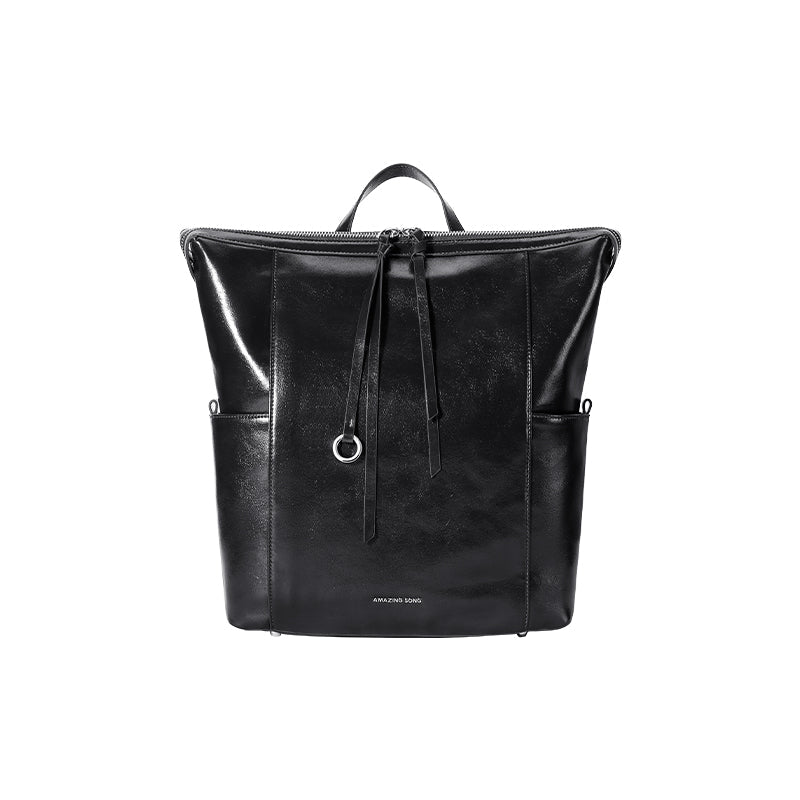 Amazing Song black leather backpack with front pockets and zipper, minimalist design