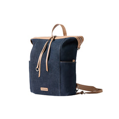 Dark denim backpack with tan leather straps and details, Amazing Song official website product