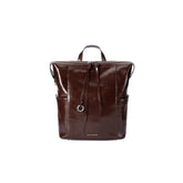 Amazing Song dark brown leather backpack with top handle, front zipper, and side pockets
