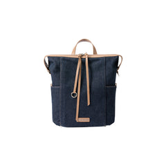 Dark blue denim tote backpack with tan leather straps, Amazing Song logo on front, white background