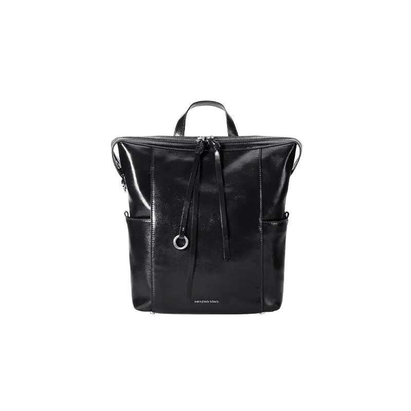 Amazing Song black leather backpack with front zipper and side pockets on white background