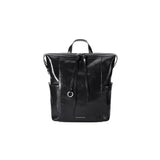 Amazing Song black leather backpack with front zipper and side pockets on white background