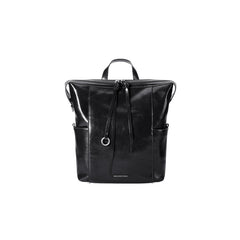 Amazing Song black leather backpack with front zipper and side pockets on white background