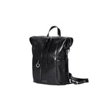 Amazing Song sleek black leather backpack with zipper and silver detail on white background