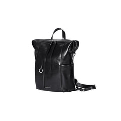 Amazing Song sleek black leather backpack with zipper and silver detail on white background